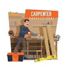 Wall Mural - Carpenter cutting wooden board on workbench. Professional carpenter using hand saw, joiner crafting furniture in workshop, measure tape and toolbox, bubble level, carpentry vice and jack plane vector