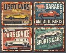 Rare Cars And Vehicles Rusty Metal Plates. Vintage Coupe Cabriolet, Retro Roadster And Antique Limousine. Used And Sport Car Dealer Showroom, Old Vehicles Repair And Restoration Service Vector Banner