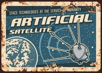 Wall Mural - artificial satellite vector rusty metal plate, ai sputnik fly on earth or alien planet orbit retro p