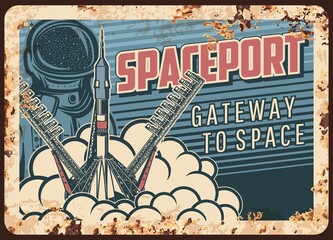 Wall Mural - spaceport vector rusty metal plate. rocket take off from cosmodrome. outer space exploration vintage