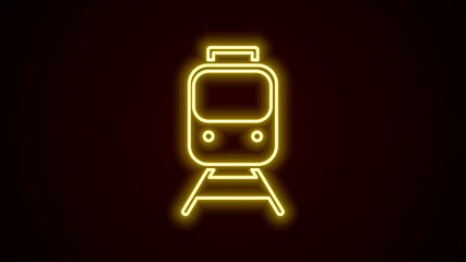 Wall Mural - Glowing neon line Train and railway icon isolated on black background. Public transportation symbol. Subway train transport. Metro underground. 4K Video motion graphic animation