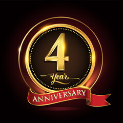 4th years celebration anniversary logo with golden ring and red ribbon.