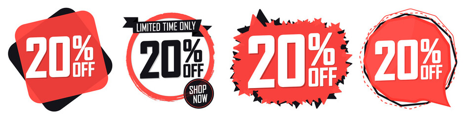 Set Sale 20% off banners, discount tags design template, promo app icons, vector illustration