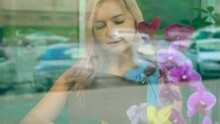 Flower Shop Window Reflecting Street Cars Against Tender Blonde Lady In Apron Standing By Dark Pink Orchids Closeup Slow Motion