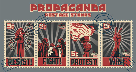 Wall Mural - Old Propaganda Style Protest Postage Stamps and Imprints 