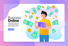 Man Getting Money From The Computer. Business Concept Illustration. Earning Money In The Internet, Freelance, Business Online.