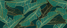 Gold And Luxury Banana Leaves Background Vector. Floral Pattern With Golden Tropical Palm, Coconut Tree, Split-leaf Philodendron Plant ,Jungle Plants Line Art On White Background.