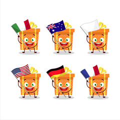 Poster - Orange christmas gift cartoon character bring the flags of various countries