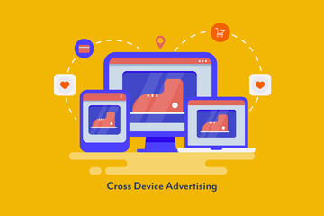 Wall Mural - Digital advertising, reaching online audience with cross device marketing technology. Responsive display advertisement. Flat design web banner.