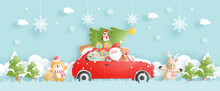Christmas Card With Vintage Truck, Santa And Friends