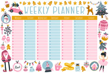 Christmas Weekly Planner With Cute Characters And Holiday Items. Fashionable Vector Illustration In Childish Hand-drawn Style. Limited Pastel Palette Ideal For Printing