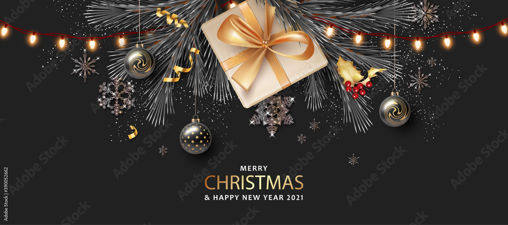 Merry Christmas and Happy New Year realistic banner - obrazy, fototapety, plakaty 