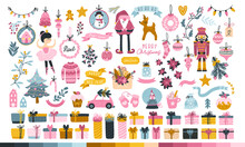 Big Christmas Set For A Princess. Cute Characters, Santa, Toys, Christmas Tree, Sweets And Gifts. Cute Palette Of Sweets. Vector Illustration In Childish Hand-drawn Scandinavian Style. Pastel Palette.