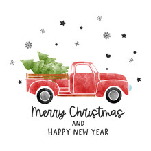 Watercolor Christmas Card With Vintage Truck And Christmas Tree. 