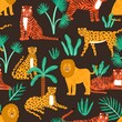 Seamless pattern with scandinavian childish african wild animals. Backdrop with funny lion, tiger, leopard and tropical plants. Cute savannah cats. Flat vector cartoon illustration on black background