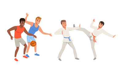 Wall Mural - Sportive Male Engaged in Karate Battle and Basketball Playing Vector Illustration Set