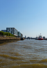 Sticker - HAMBURG, GERMANY - Aug 11, 2020: View from the museum harbor of Oevelgoenne in Hamburg, Germany