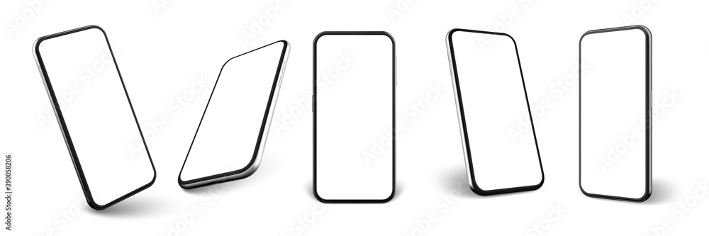 Realistic smartphone set. Collection of realism style drawn cellphone frame with blank display template. Illustration of portable information mobile device from different angles views mockup. - obrazy, fototapety, plakaty 