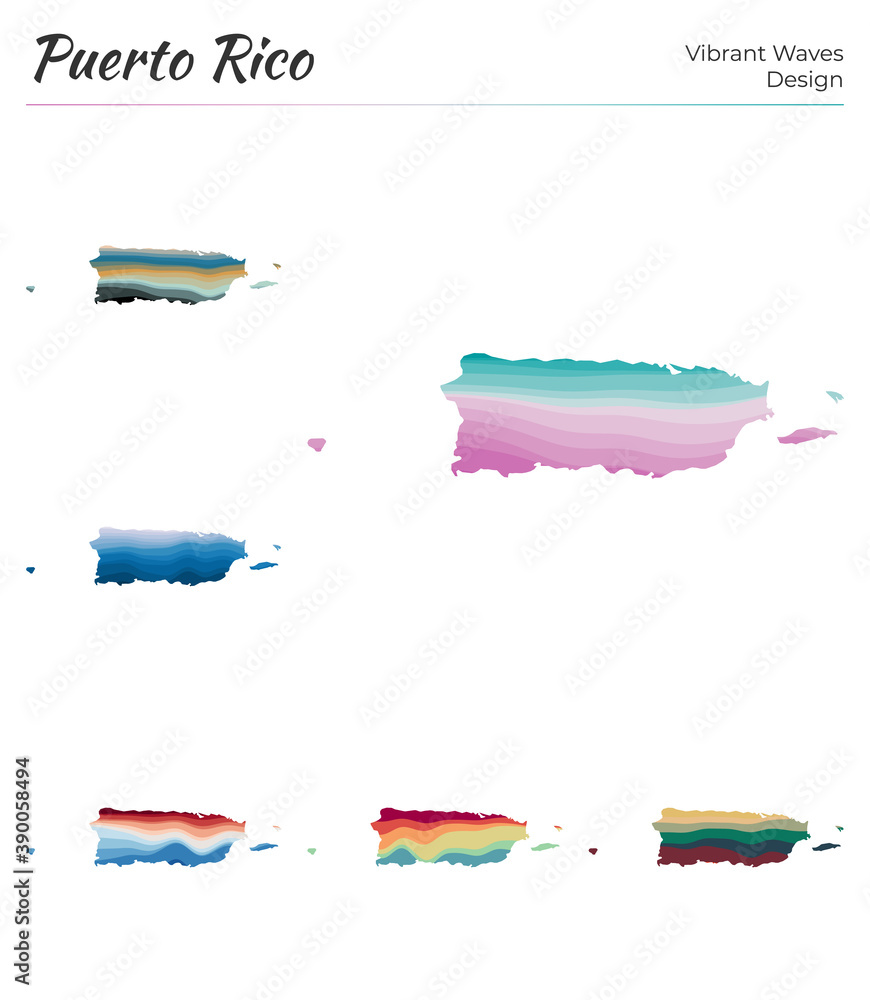 Colorful Map Puerto Rico Set of vector maps of Puerto Rico. Vibrant waves design. Bright map of ...
