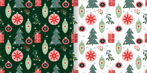 Wall Mural - christmas seamless patterns set with winter design, christmas trees, ornaments and gifts, vector des