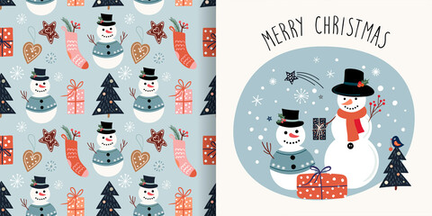 Wall Mural - christmas collection with seamless pattern and greeting card, winter design