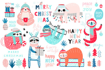 Poster - Christmas Sloths set, hand drawn style - calligraphy, cute sloths and other elements..