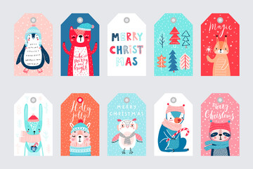 Canvas Print - Cute gift tags with woodland animals celebrating Christmas eve, having fun, and handwritten letterings. Funny characters.