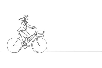 Wall Mural - One single line drawing young happy startup employee woman ride bicycle to the coworking space graphic vector illustration. Healthy urban commuter lifestyle concept. Modern continuous line draw design