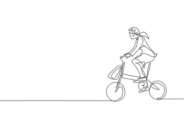 Wall Mural - One continuous line drawing of young professional manager woman cycling ride folded bicycle to her office. Healthy working urban lifestyle concept. Dynamic single line draw design vector illustration