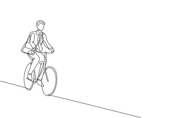 Wall Mural - One continuous line drawing of young professional manager man cycling ride bicycle to his office. Healthy working urban lifestyle concept. Dynamic single line draw design vector illustration graphic