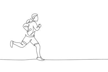 Wall Mural - One single line drawing of young happy runner man wearing hoodie exercise to improve stamina vector illustration. Healthy lifestyle and competitive sport concept. Modern continuous line draw design