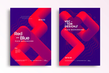 Pipelines abstract poster design template in duotone gradients. Cover design with red and blue fluid color shapes composition. 