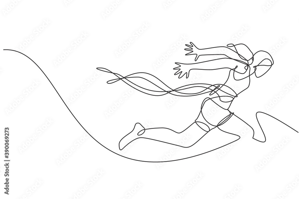 One continuous line drawing young sporty woman runner crosses finish ...