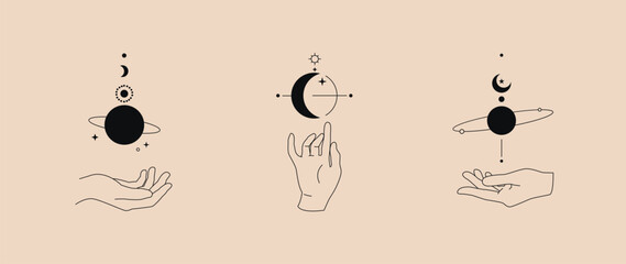 hand gesture and moon simple linear template logo design. magic astrological concepts tattoo, fashio