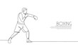 © Simple Line - One single line drawing of young energetic man boxer improve his punch attack vector illustration. Sport combative training concept. Modern continuous line draw design for boxing championship banner