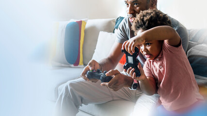 Wall Mural - Happy dad and son playing together