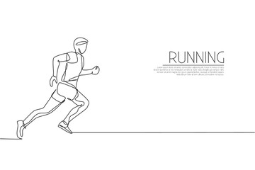 One single line drawing of young energetic man runner practice at run track vector illustration. Individual sports, training concept. Modern continuous line draw design for running competition banner