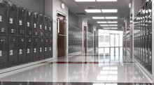 Long School Corridor With Black Lockers , 3d Illustration