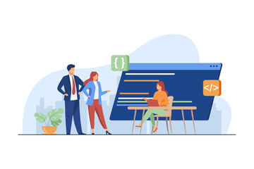 Wall Mural - programmers coding new program. laptop, code, development flat vector illustration. programming and 
