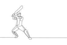 Single Continuous Line Drawing Of Young Agile Man Cricket Player Standing And Ready To Hit The Ball Vector Illustration. Sport Exercise Concept. Trendy One Line Draw Design For Cricket Promotion Media
