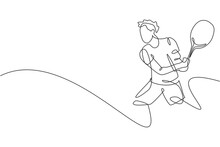 Single Continuous Line Drawing Of Young Agile Tennis Player Hit The Ball From Opponent. Sport Exercise Concept. Trendy One Line Draw Design Vector Illustration For Tennis Tournament Promotion Media