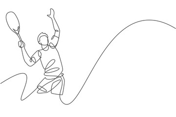 Wall Mural - One continuous line drawing of young happy male tennis player serving the ball. Competitive sport concept. Dynamic single line draw design vector graphic illustration for tournament promotion poster