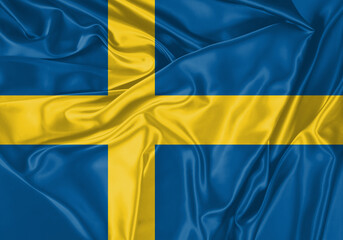 Wall Mural - Sweden flag waving in the wind. National flag on satin cloth surface texture. Background for international concept.