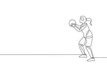 Wall Mural - Single continuous line drawing young basketball female player throw a ball. Competitive sport concept. Trendy one line draw design graphic vector illustration for basketball tournament promotion media