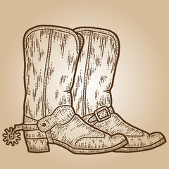 Wall Mural - Cowboy boots. Engraving sketch scratch board imitation. Sepia hand drawn image.