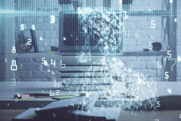 multi exposure of desktop computer and technology theme hologram. concept of software development.