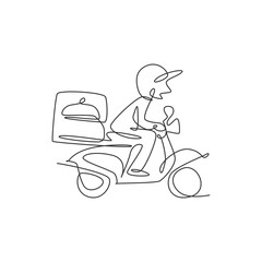 Wall Mural - Single continuous line drawing young man driving motorcycle carrying box for food delivery service logo label. Restaurant food delivery concept. Modern one line draw design vector illustration