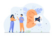 Couple of deaf people talking with hand gestures, huge ear and mute sign in background. Vector illustration for hearing loss, communication, sign language concept