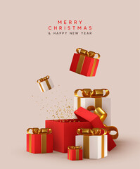 Wall Mural - new year and christmas design. realistic white red gifts boxes. open gift box. decorative festive ob