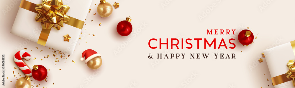 Christmas banner. Background Xmas design of realistic white gifts box, 3d cane candy cookie, red bauble balls, golden glitter confetti. Horizontal christmas poster, greeting card, headers for website - obrazy, fototapety, plakaty 